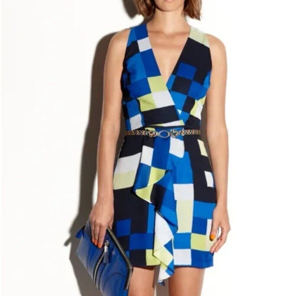 MILLY Anita Cascade Mini Dress in geometric pattern Sz 2 Sexy Ruffle Party Blue